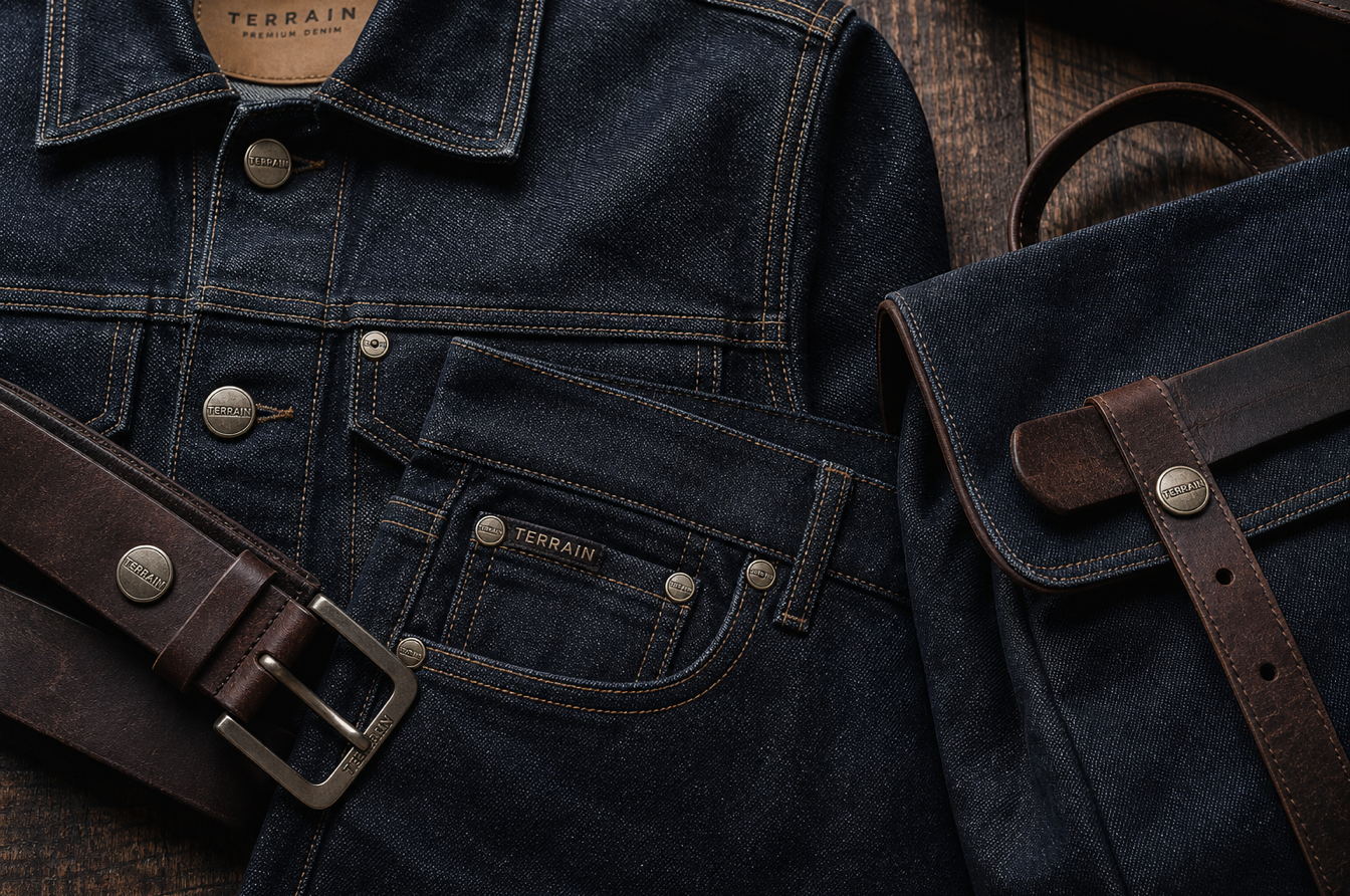 premium denim collection with consistent rivet branding on jeans jacket belt backpack