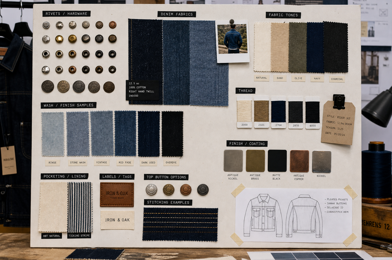 material selection board with rivets wash samples fabric tones and finish chips