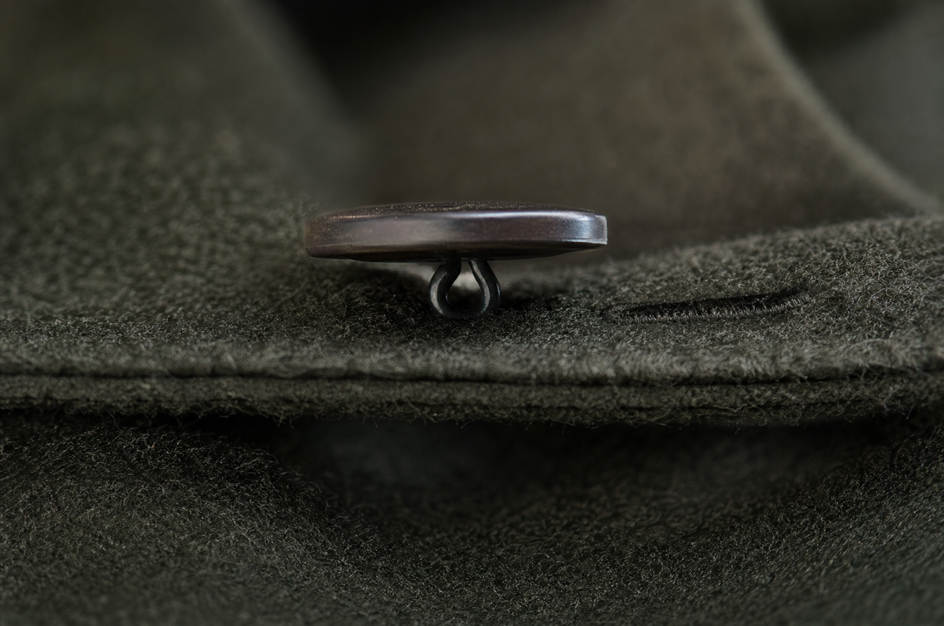 shank button gap protecting thick wool and leather garment layers