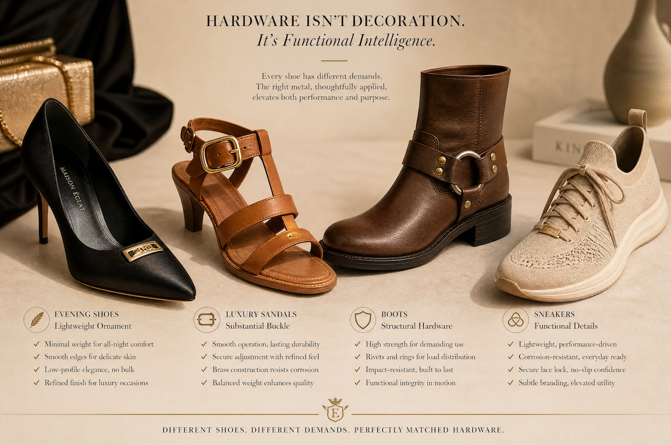 shoe hardware matched to evening shoes, sandals, boots, and sneakers