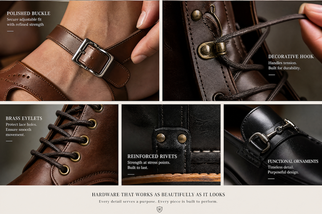 luxury shoe hardware details including buckles, hooks, eyelets, rivets, and ornaments