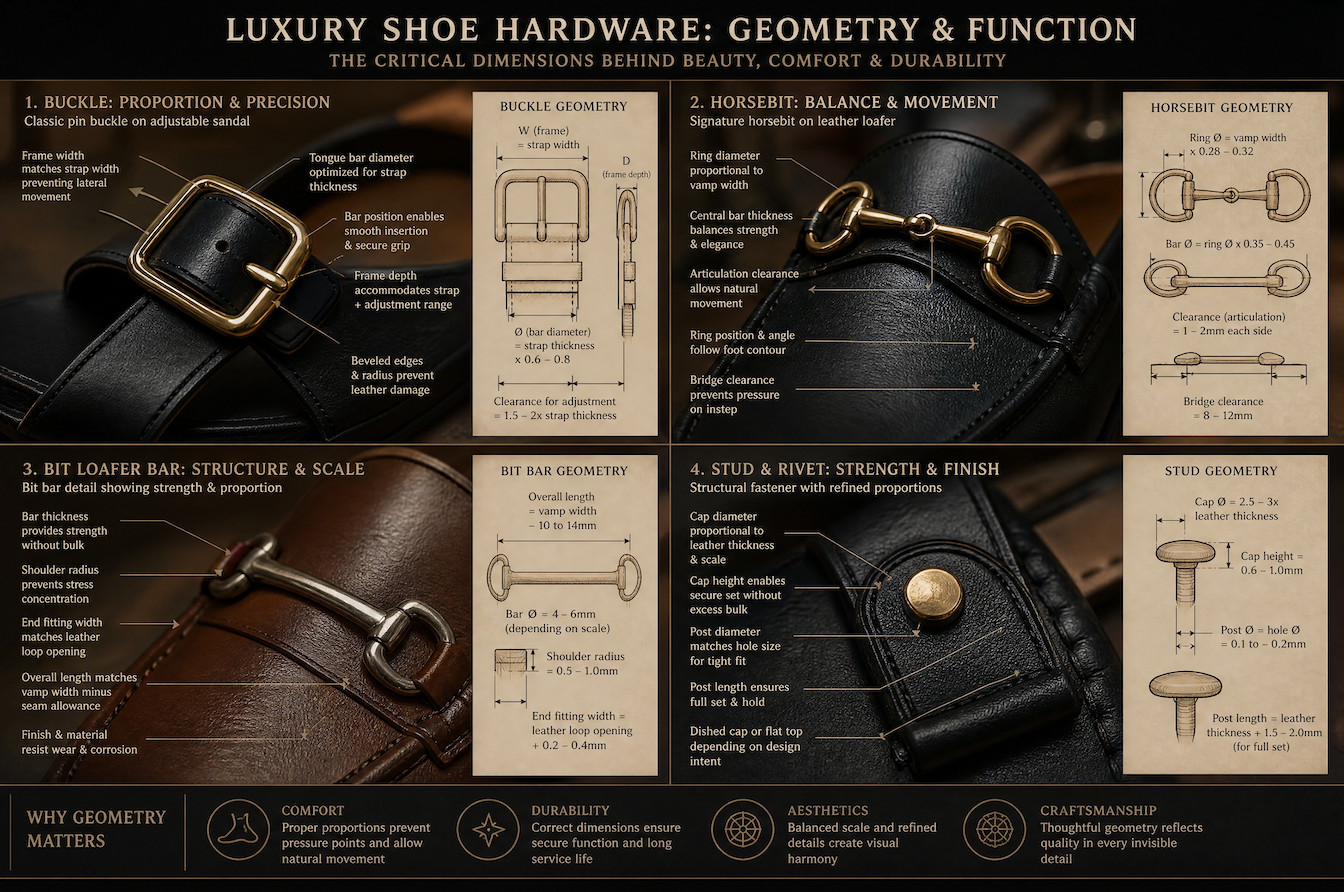 luxury shoe hardware geometry guide for buckles, horsebits, bars, studs, and rivets