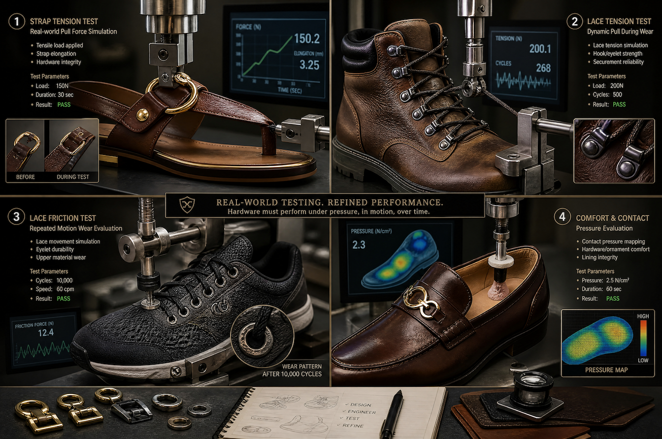 luxury shoe hardware testing for strap tension, lace friction, pull strength, and comfort