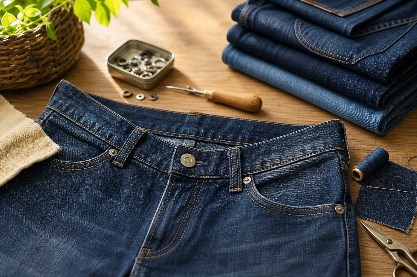 Repaired jeans waistband showing long term reuse and slow fashion