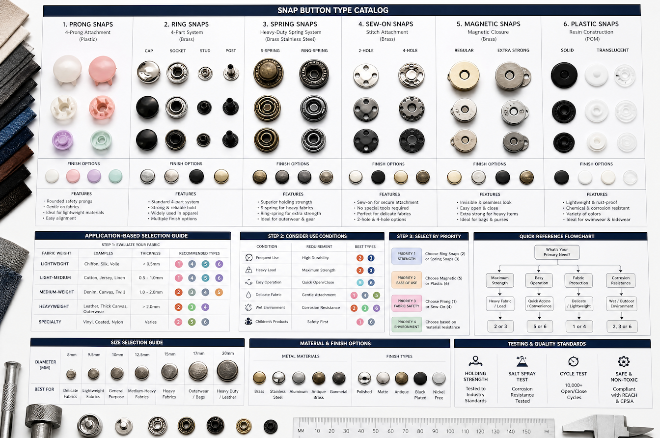 snap button type catalog with material, finish, size, and selection guide