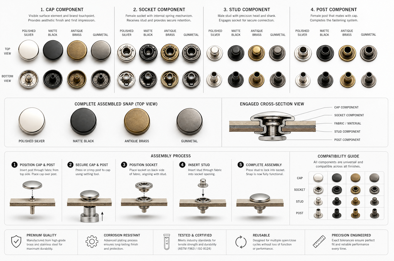 four part snap button components with assembly process and cross section view