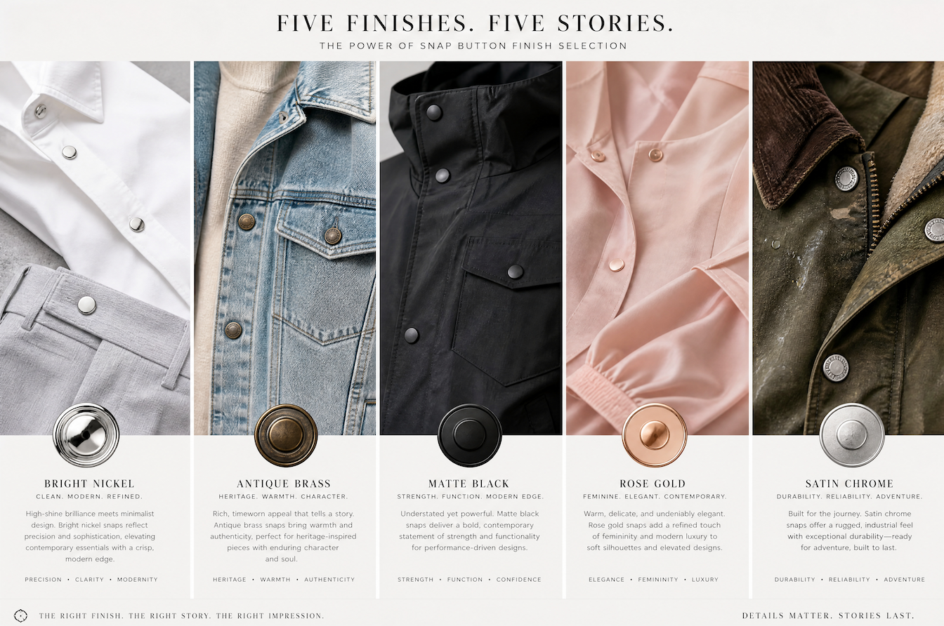 snap button finish options applied on shirts, denim, outerwear, silk, and jackets