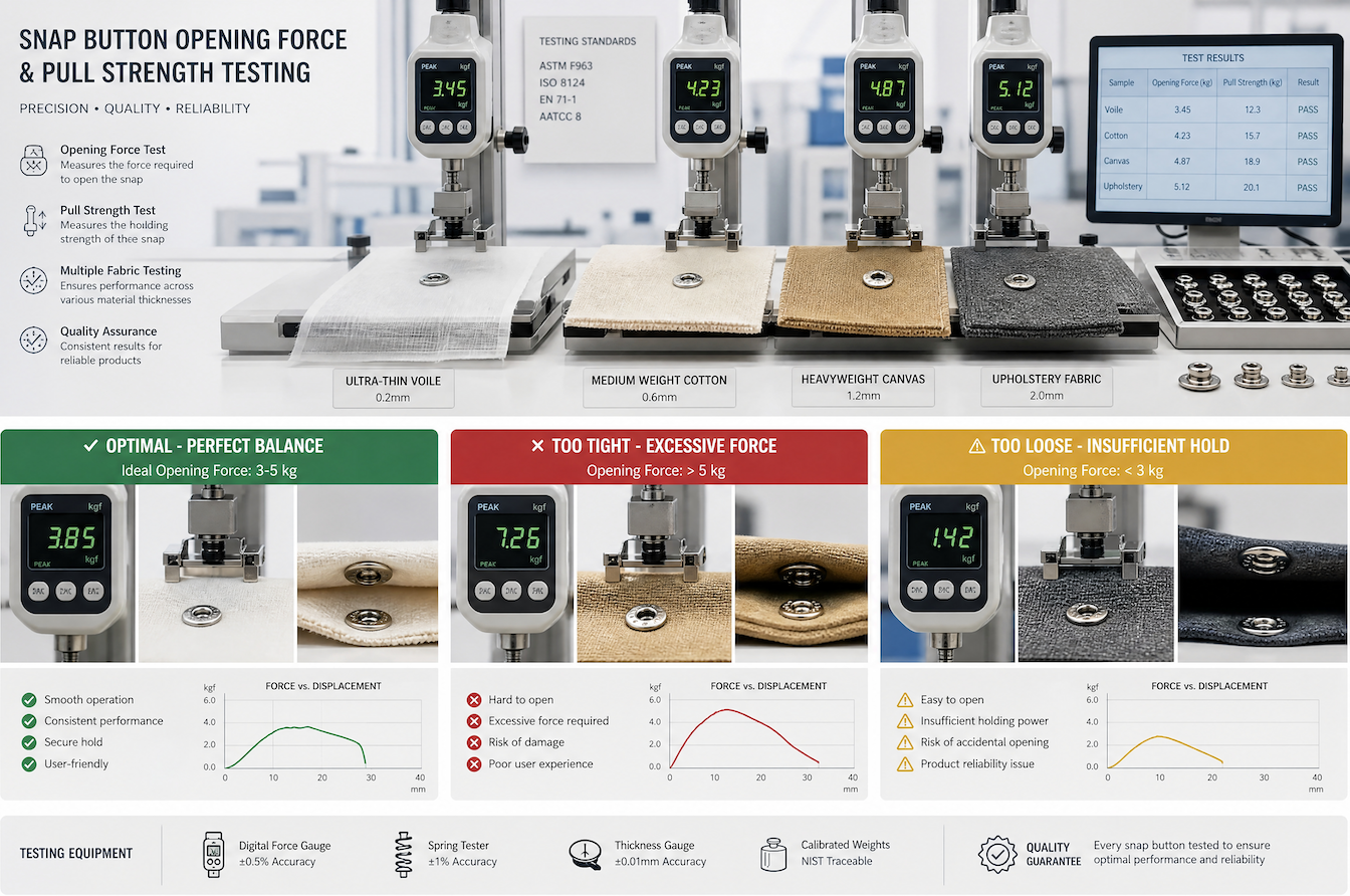snap button opening force and pull strength testing across fabric weights