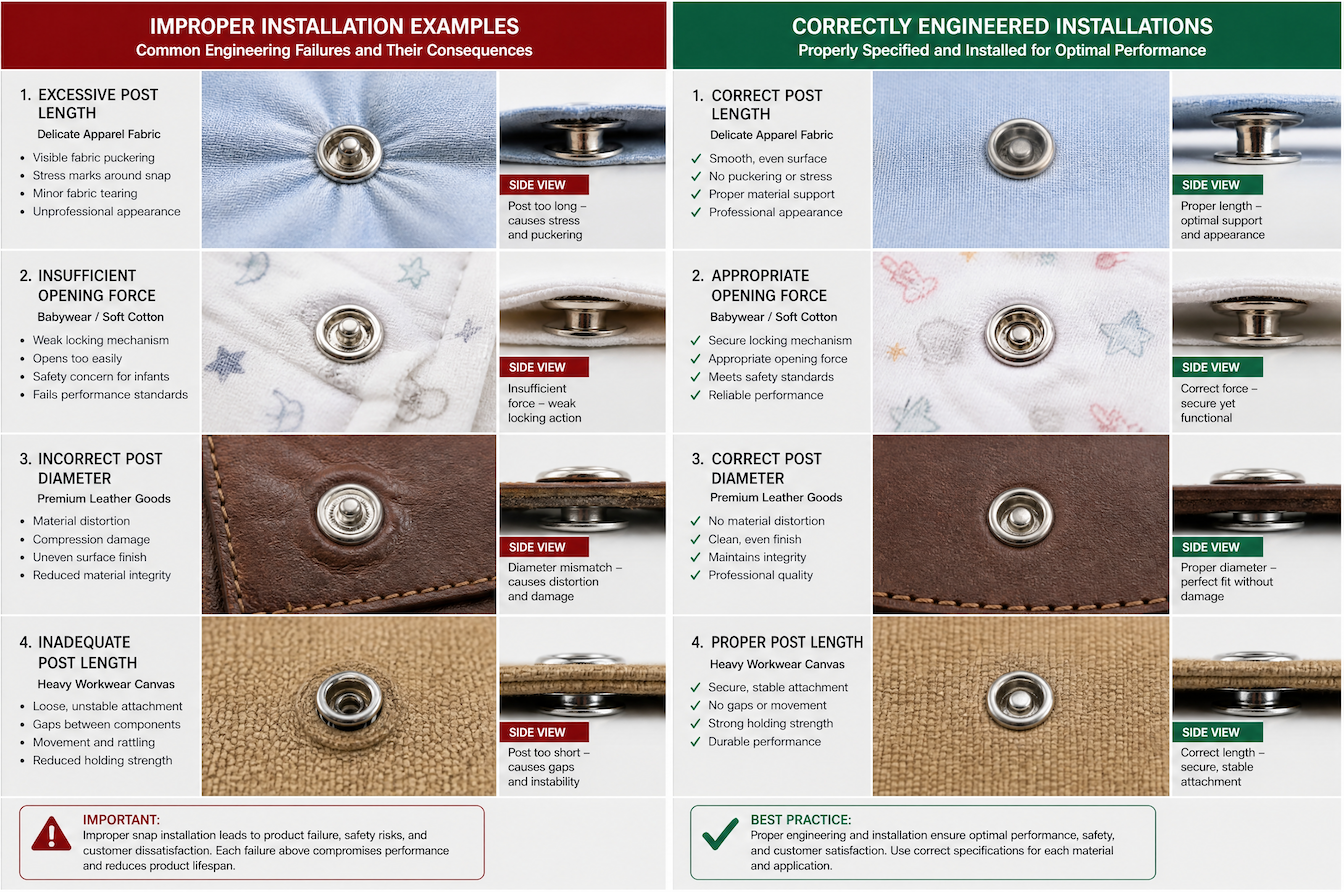 snap button installation failures compared with correctly engineered fabric applications