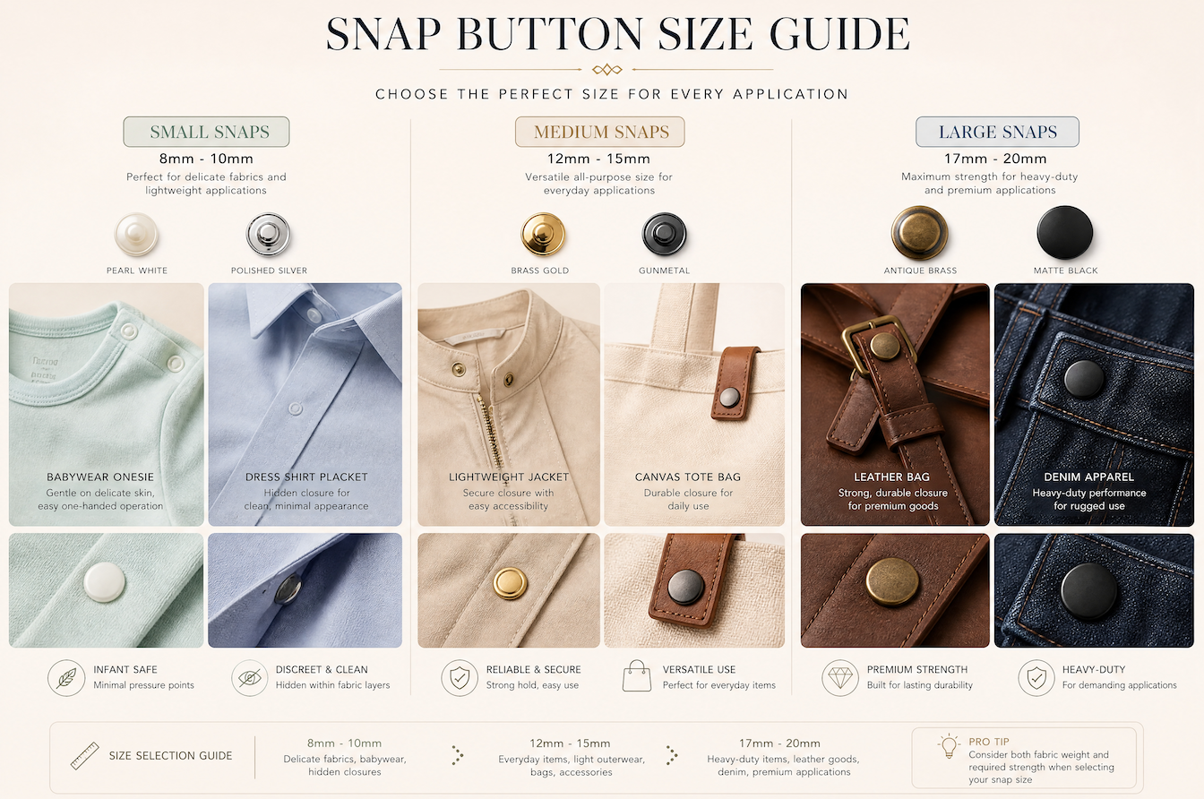 snap button size guide for babywear, shirts, bags, leather, and denim