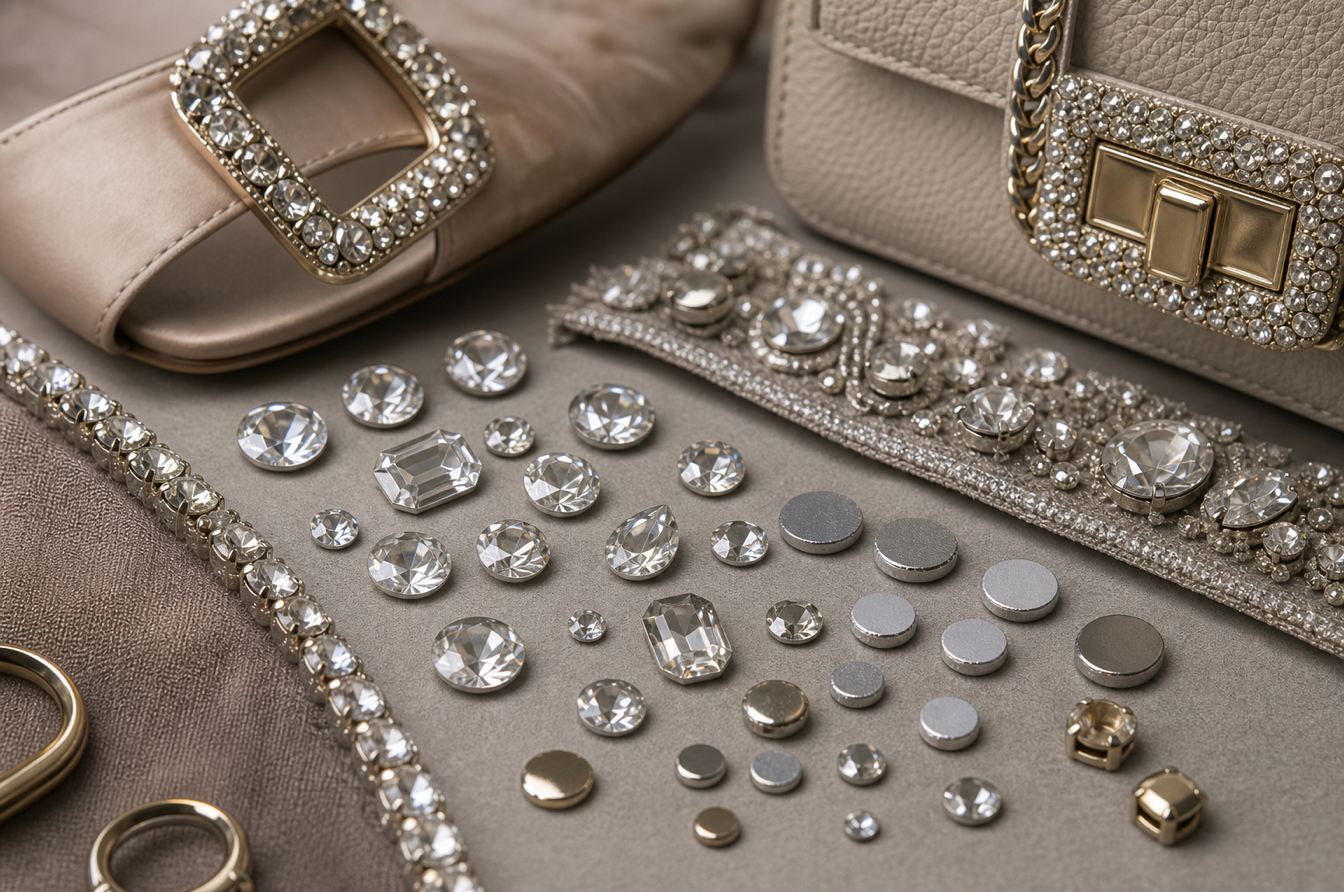 Crystal and plastic rhinestones applied to shoe strap garment trim and handbag hardware