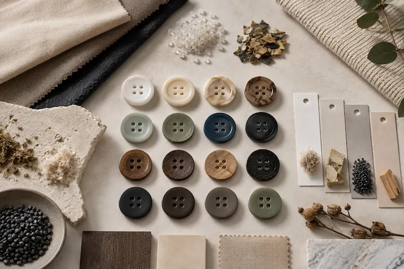 sustainable apparel buttons with natural fabrics and recycled material samples