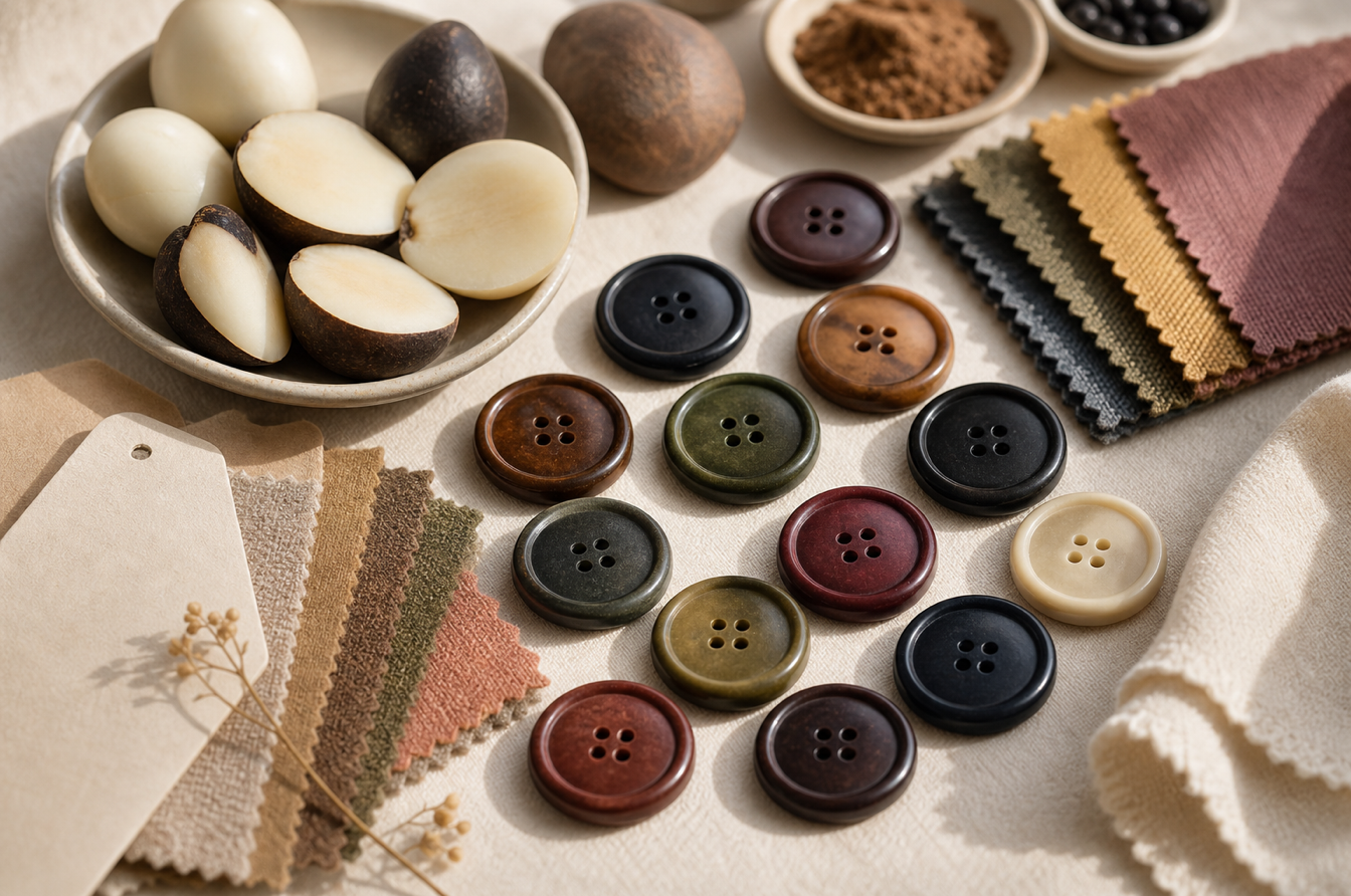 corozo and recycled polyester buttons for sustainable garment sourcing