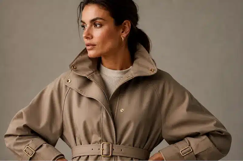 trench coat with gold buckles and snap hardware details