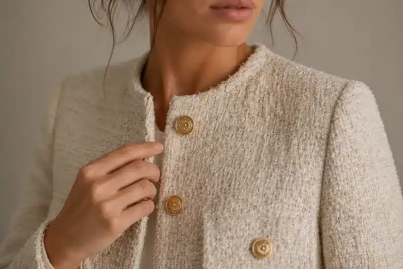 luxury tweed jacket with engraved gold metal buttons