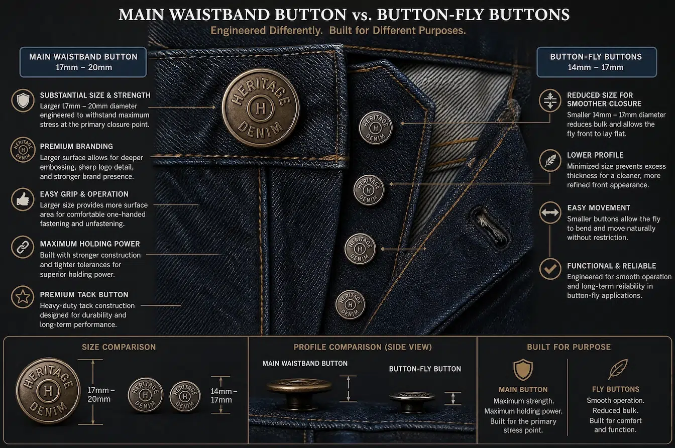main waistband button compared with smaller button-fly buttons for jeans