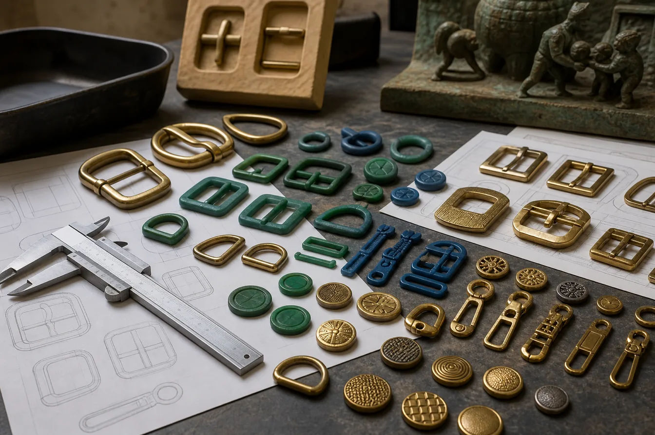 Wax fashion hardware patterns and brass buckles on a product development table