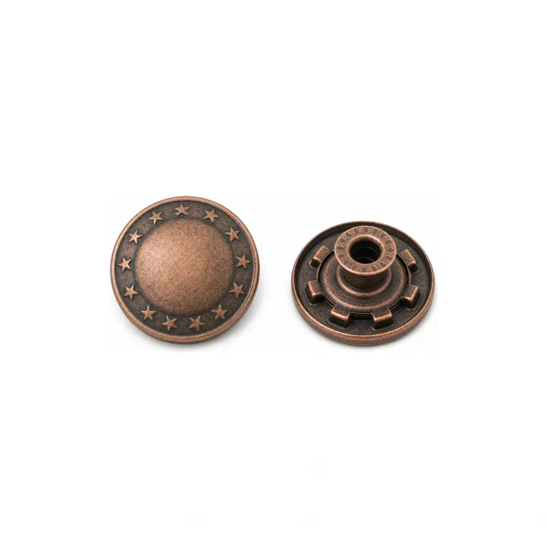 Antique copper stars jeans button shown from the front and back