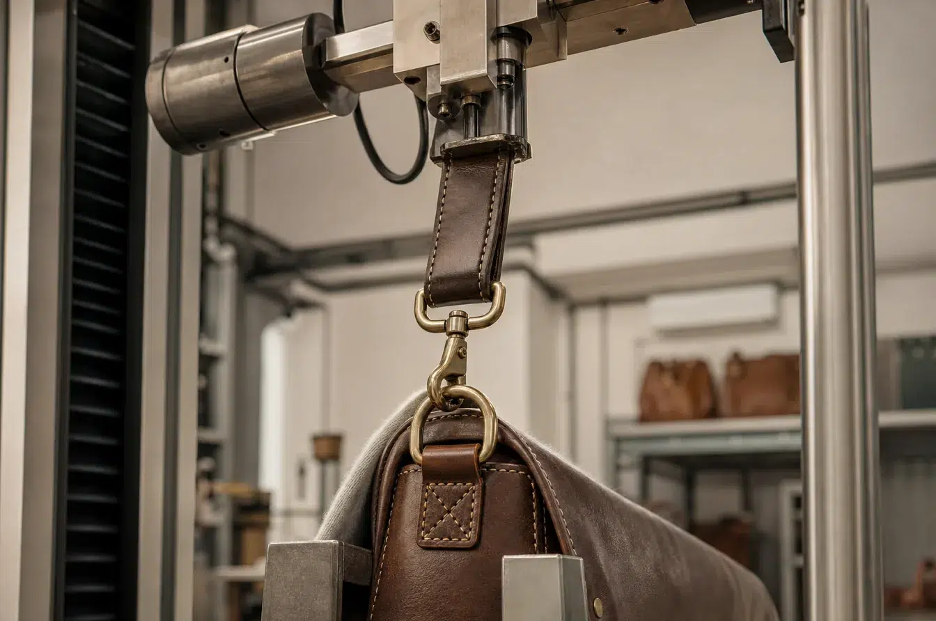 Leather bag hardware assembly undergoes controlled load testing at the reinforced strap connection