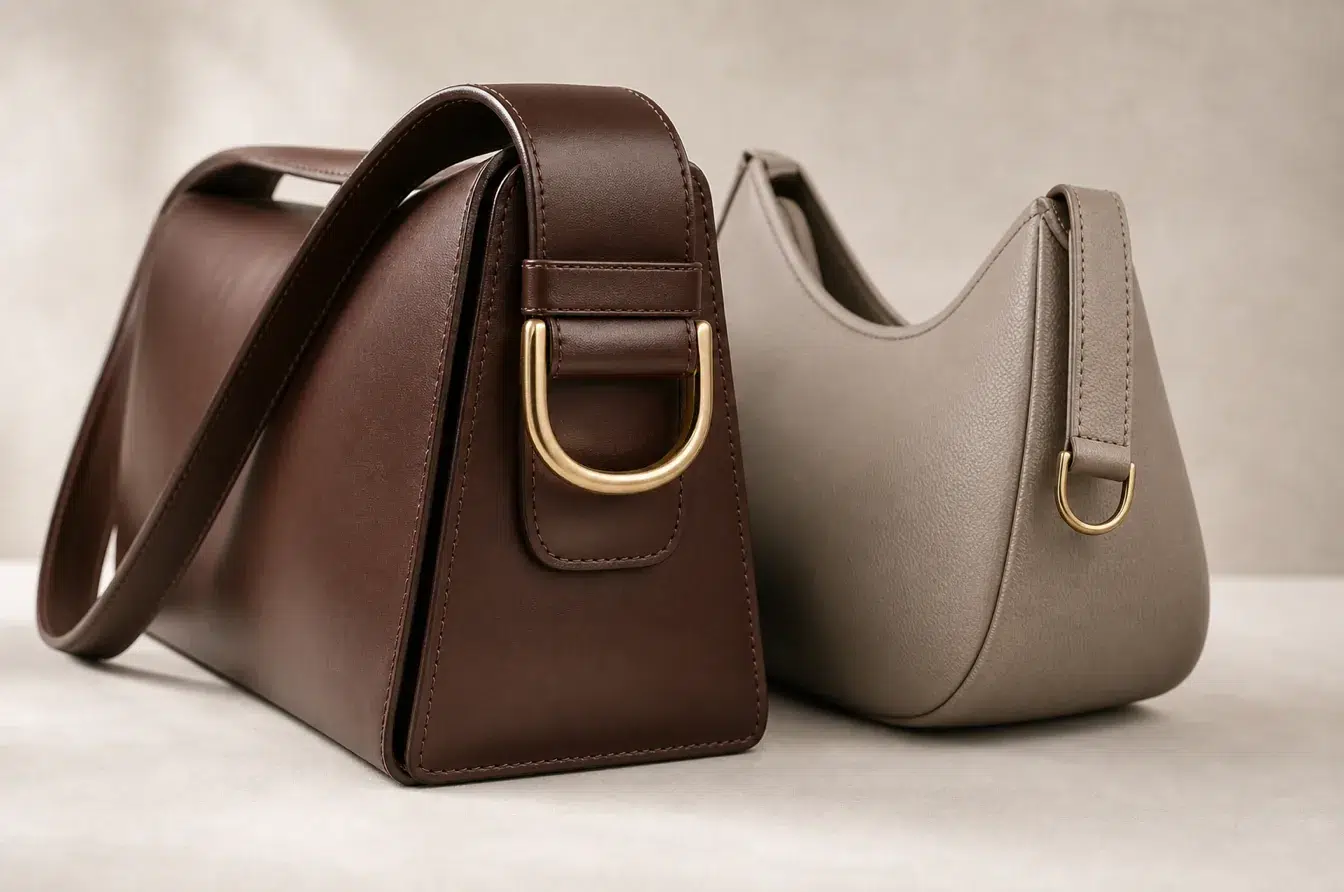 Two leather bag prototypes demonstrate balanced D-ring scale and material proportion