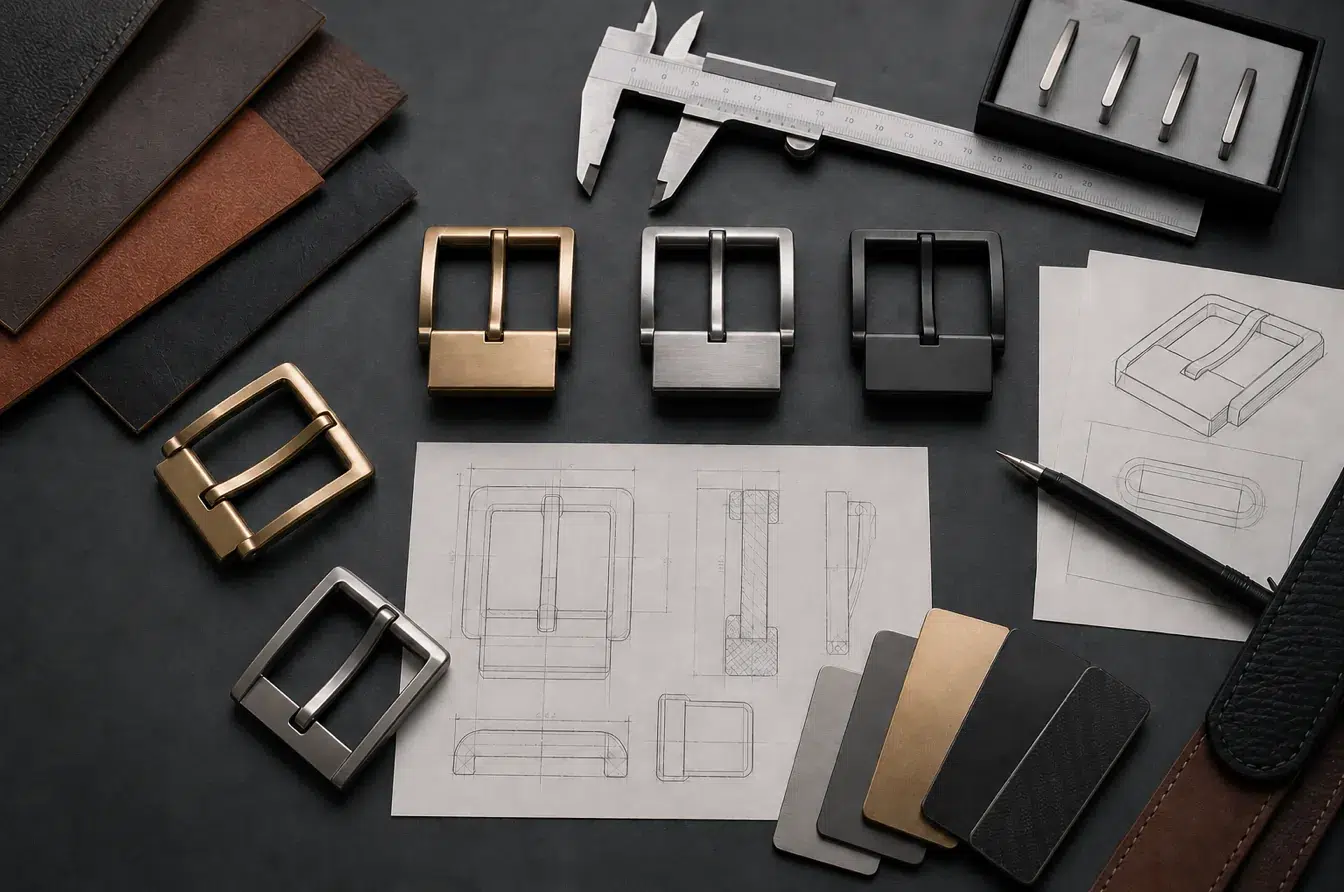 Engineering workbench with belt buckles material samples calipers and production drawings
