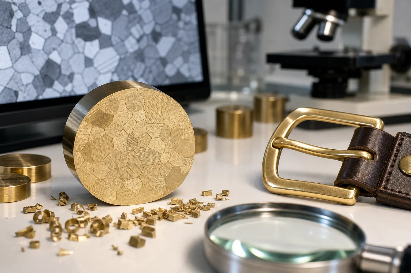 brass grain structure sample beside finished leather buckle hardware