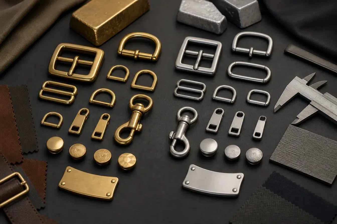 Brass and stainless apparel hardware compared with leather and fabric swatches