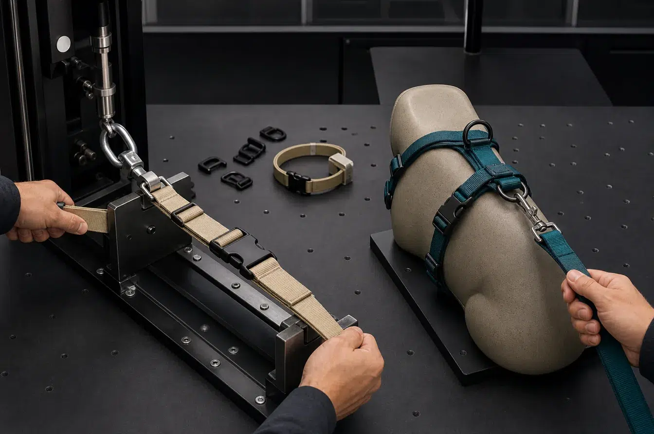 Finished apparel buckle and pet harness assemblies undergo pre production validation tests