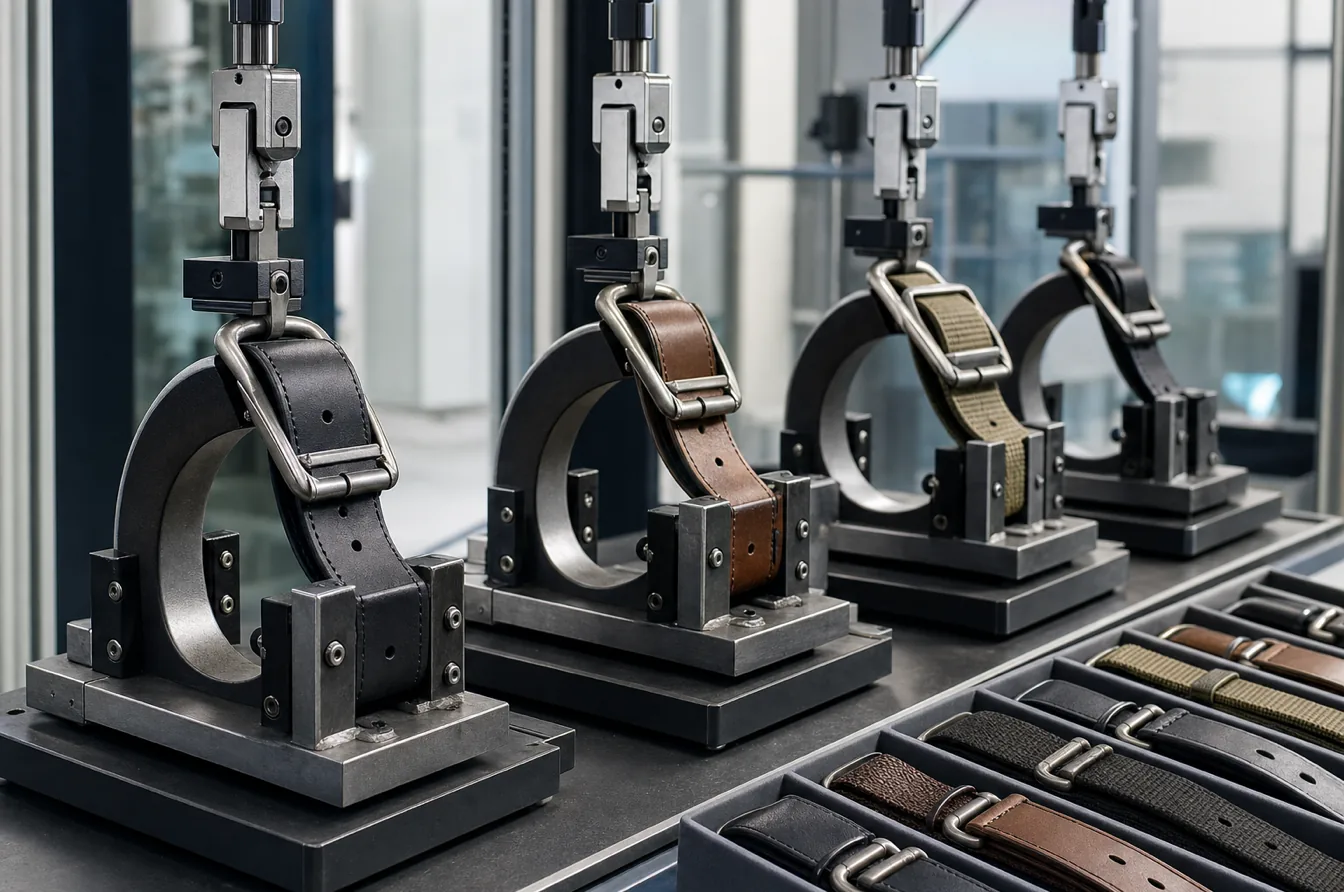 Curved belt buckle and strap assemblies undergoing controlled flex and pull durability testing