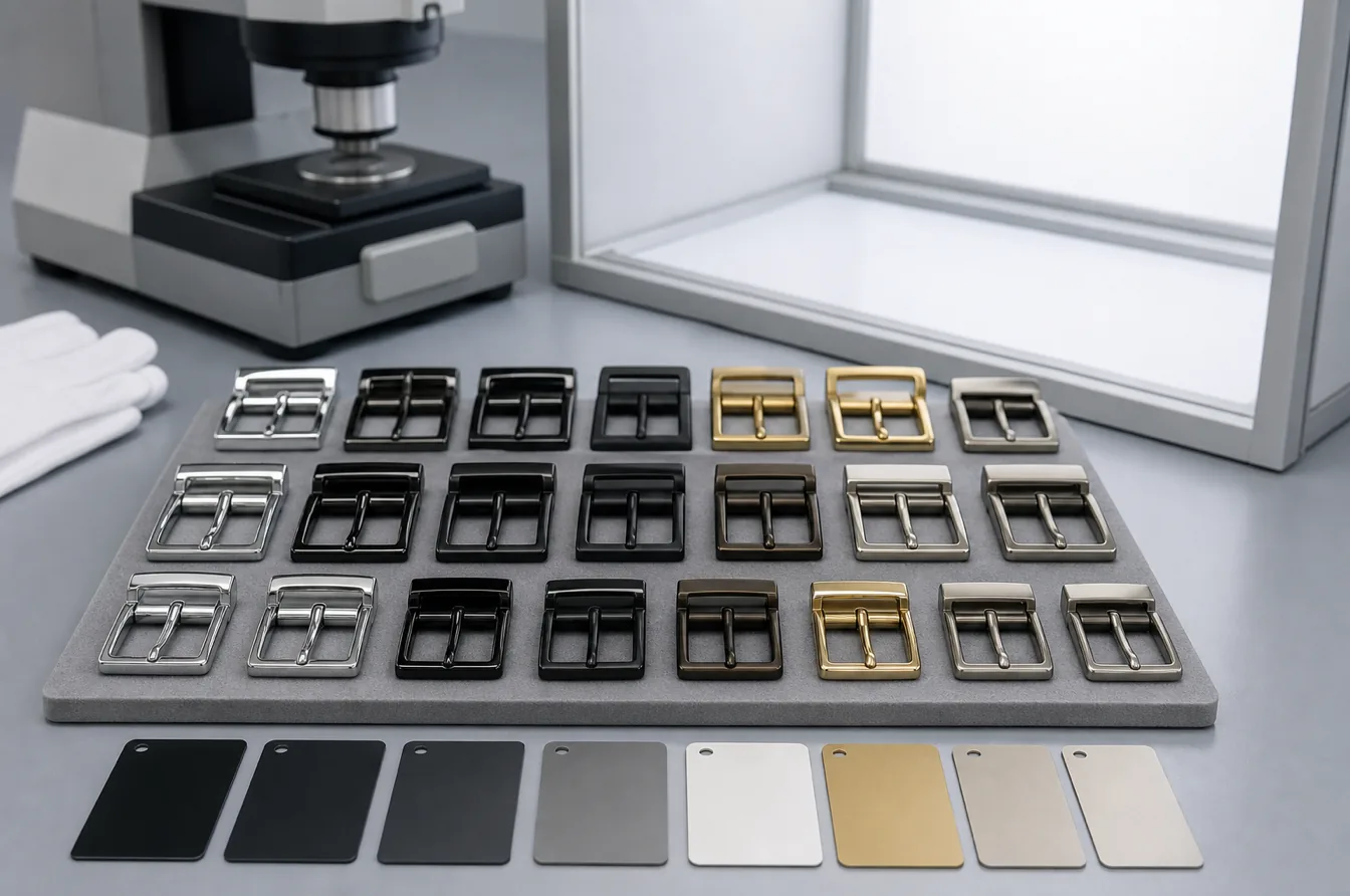 Buckle samples under controlled lighting for finish color gloss and coating consistency inspection