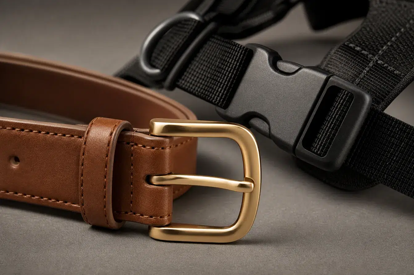 Brass apparel belt buckle compared with black polymer buckle for a pet harness