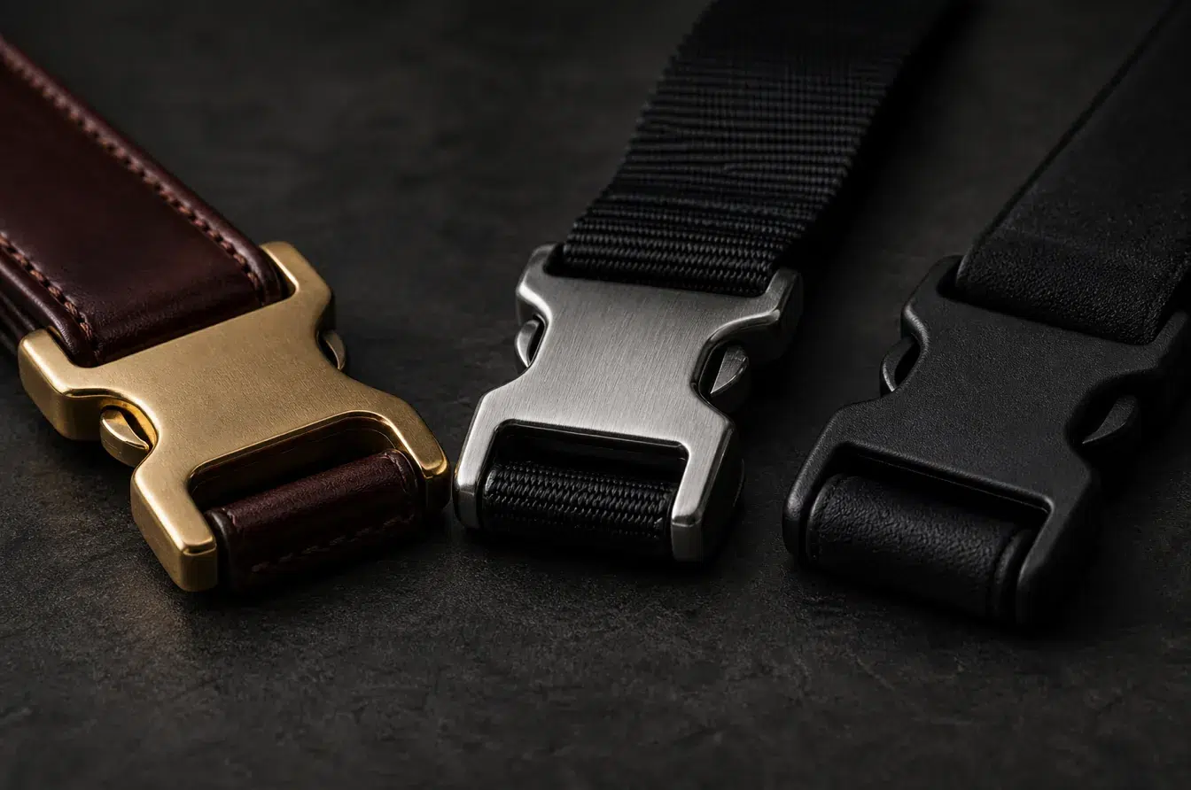Brass stainless steel and polymer buckles show material options for apparel and pet products