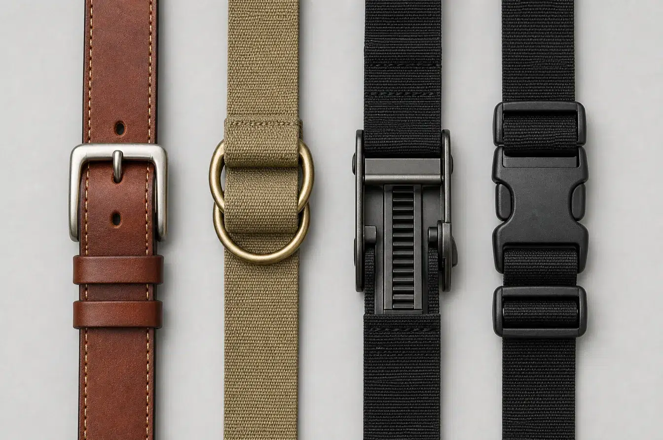 Prong D-ring ratchet and quick-release buckle systems displayed with their correct strap paths
