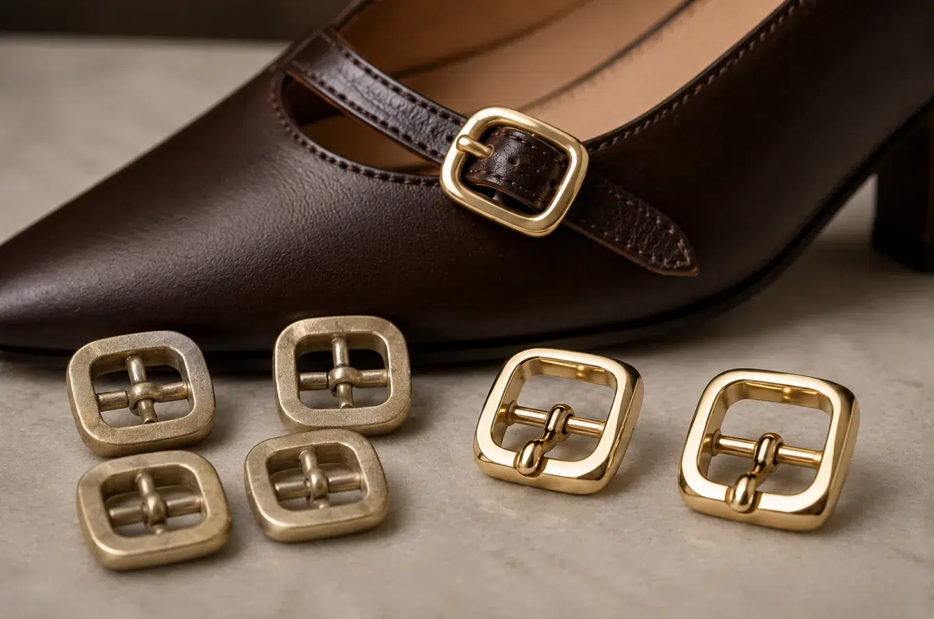 Raw and polished metal buckle samples compared beside a finished leather shoe