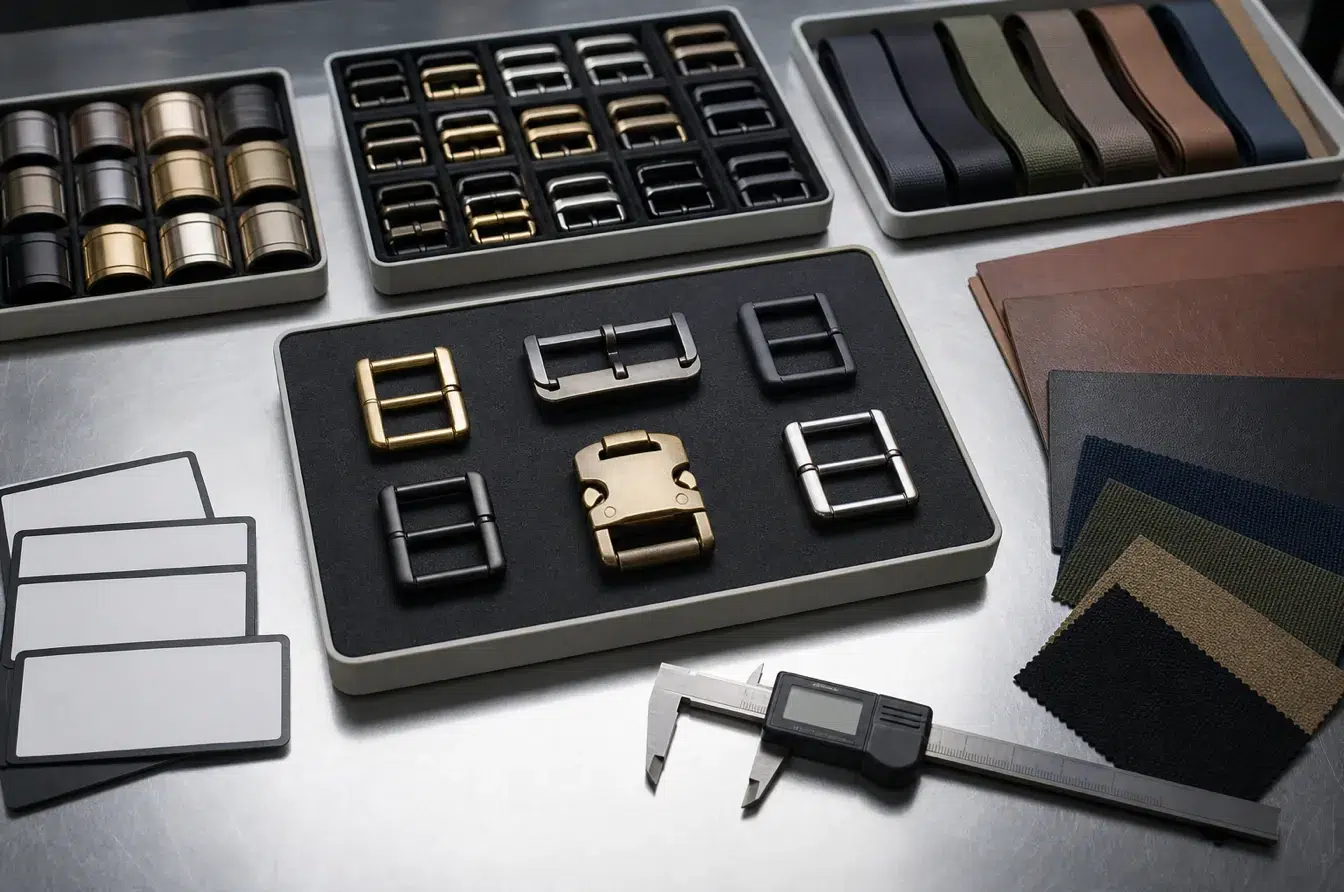 Approved buckle masters finish boundary samples and inspection tools prepared for production quality control