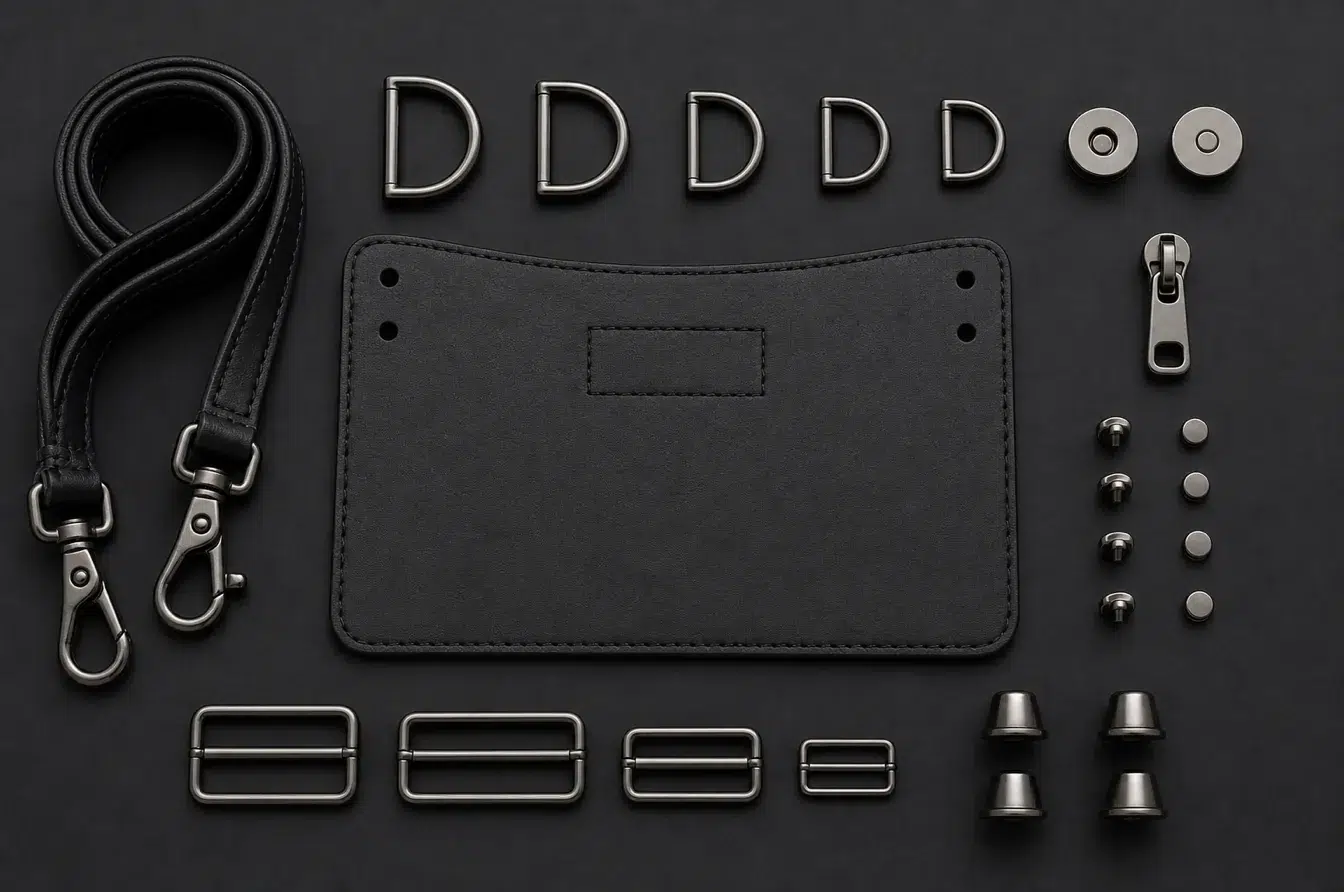 Coordinated gunmetal bag hardware system with D-rings hooks sliders rivets and bag feet