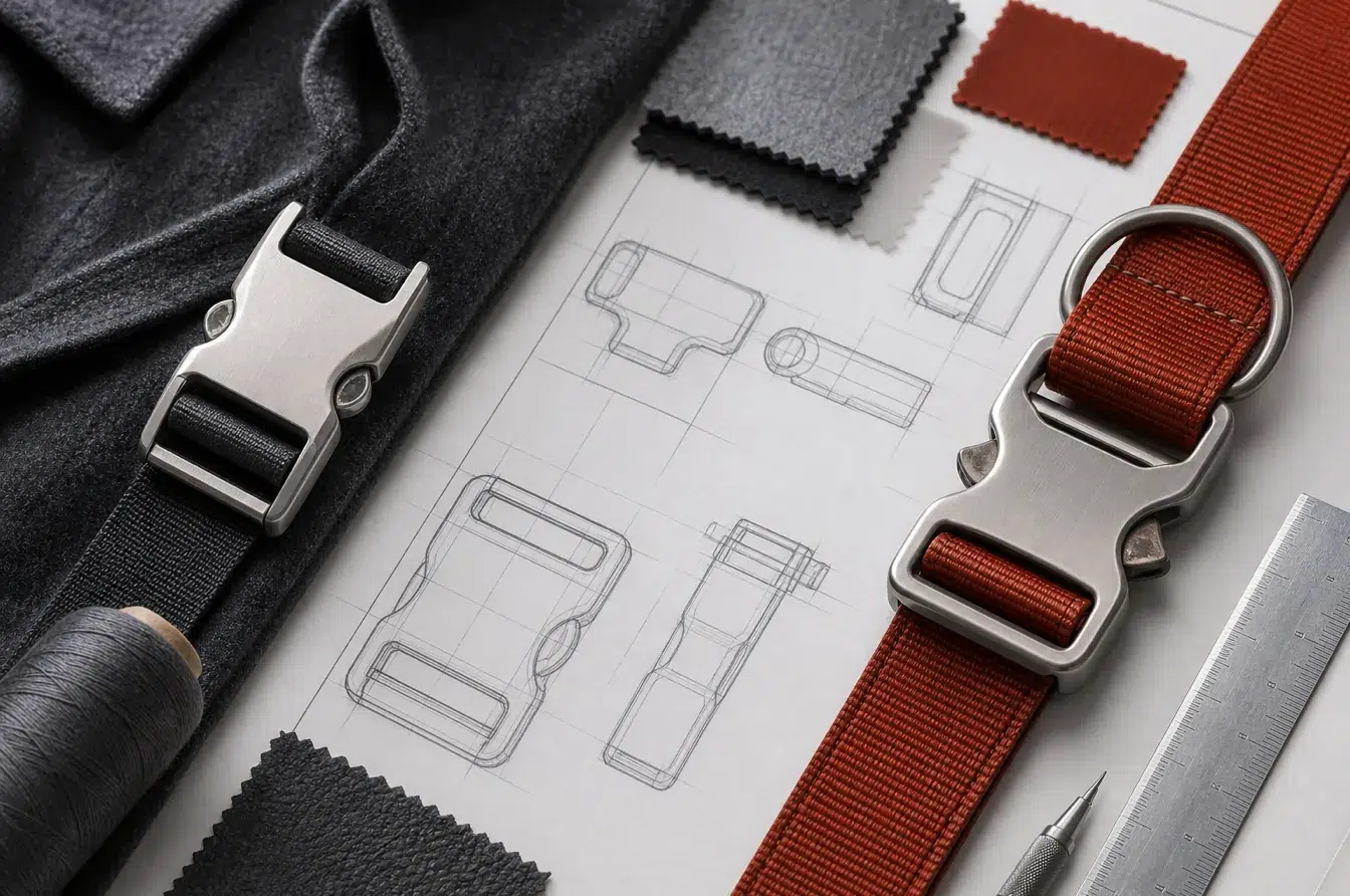 Custom metal buckles for apparel and pet products beside material samples and technical sketches