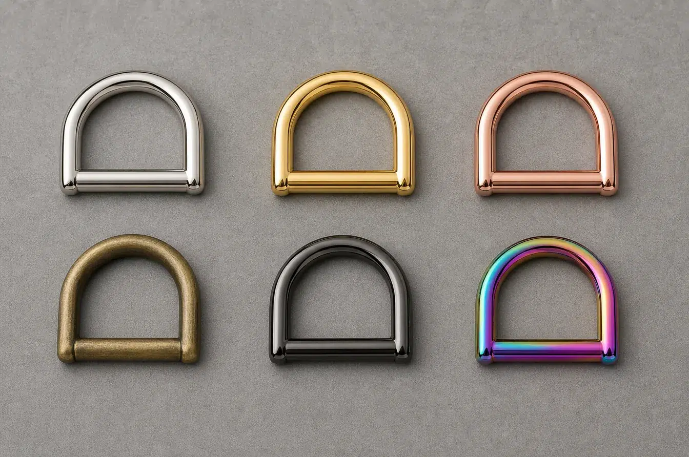 Six D-ring finishes compare nickel gold rose gold brass gunmetal and iridescent plating