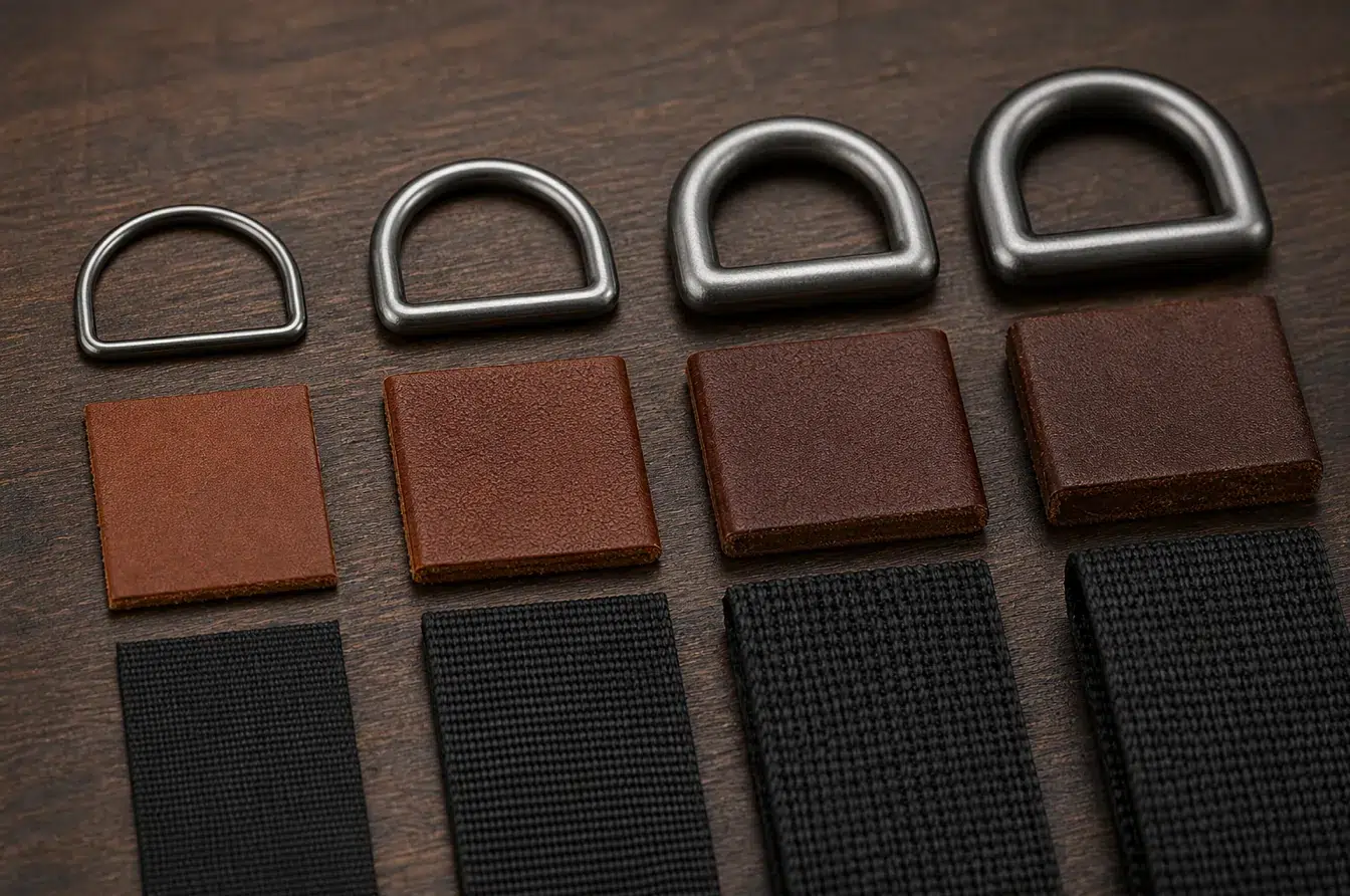 Metal D-rings compare different gauges with coordinated leather and webbing samples