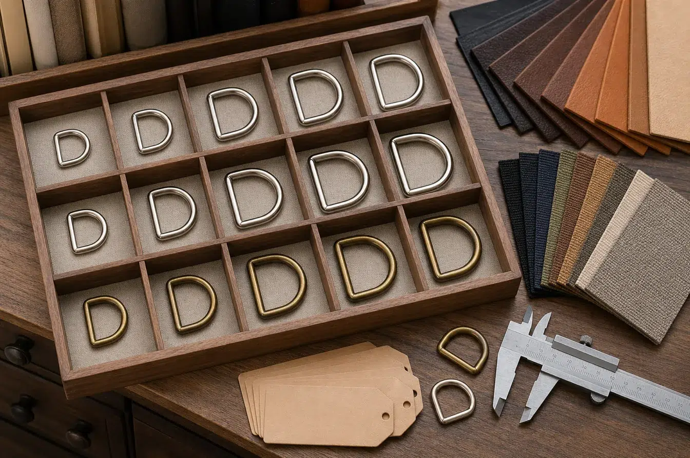 Organized D-ring sample library supports size finish and material selection