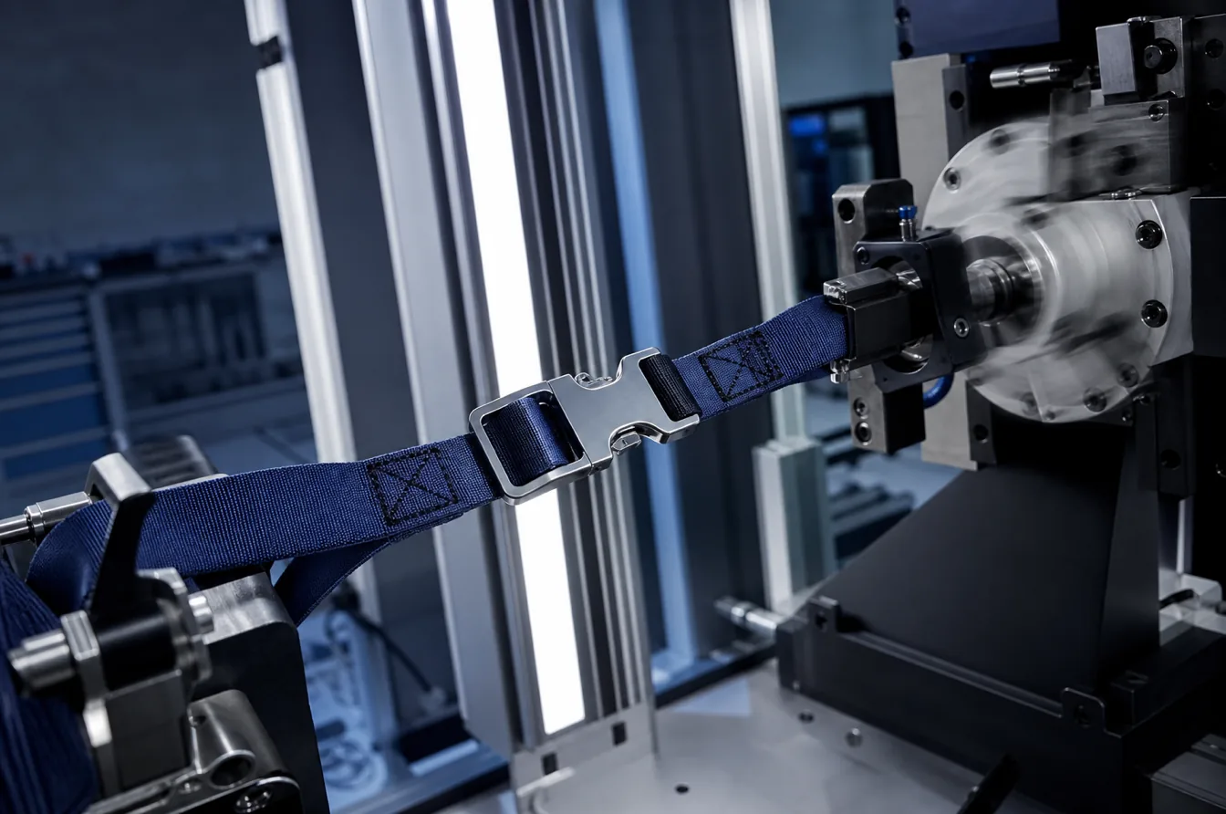 Metal pet buckle and stitched webbing undergo repeated dynamic load testing in a laboratory