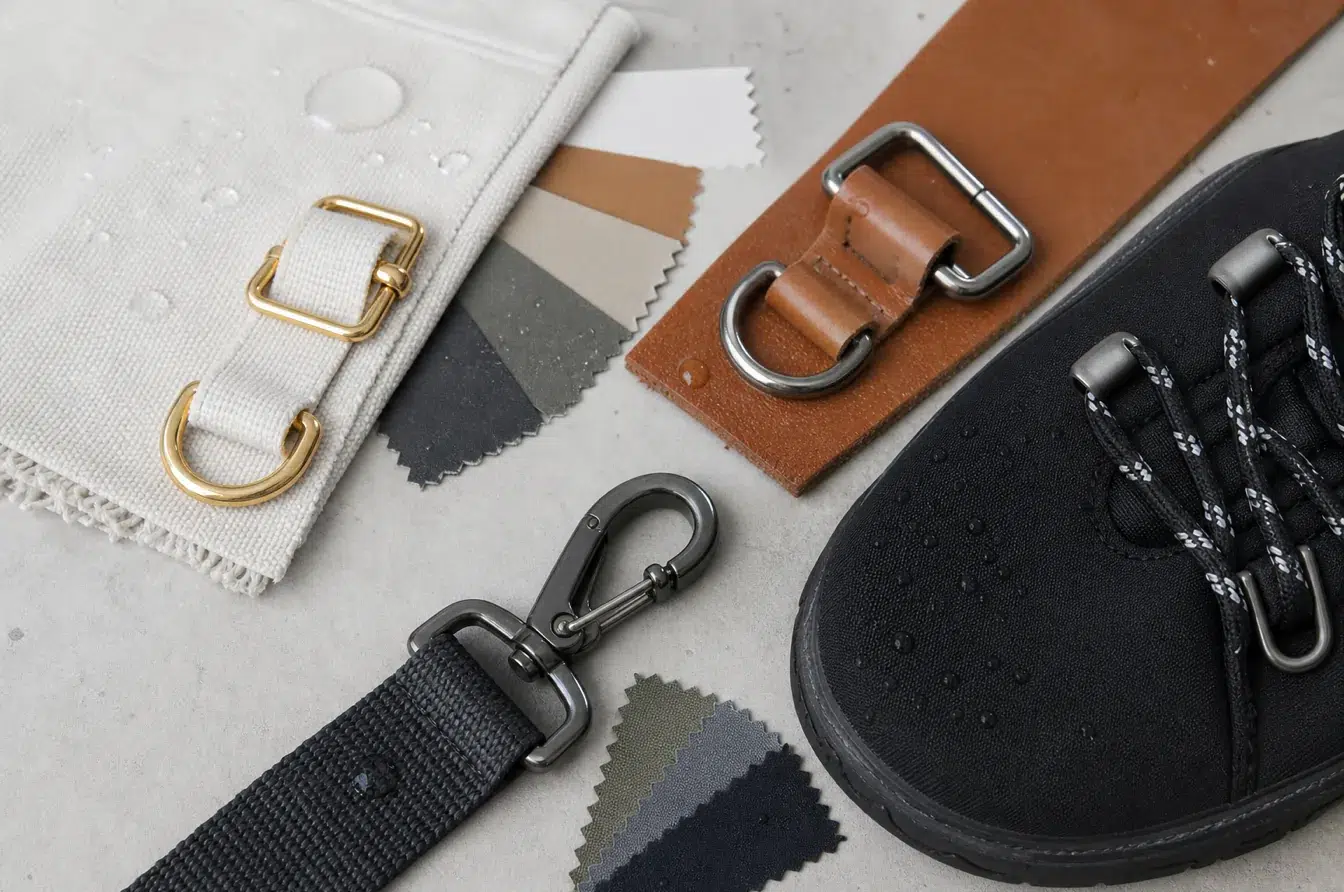 Metal finishes compared across fabric leather footwear and webbing under moisture exposure