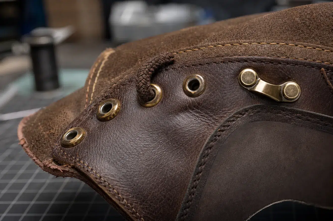 Brass eyelets and a metal lace fitting installed on a leather footwear upper