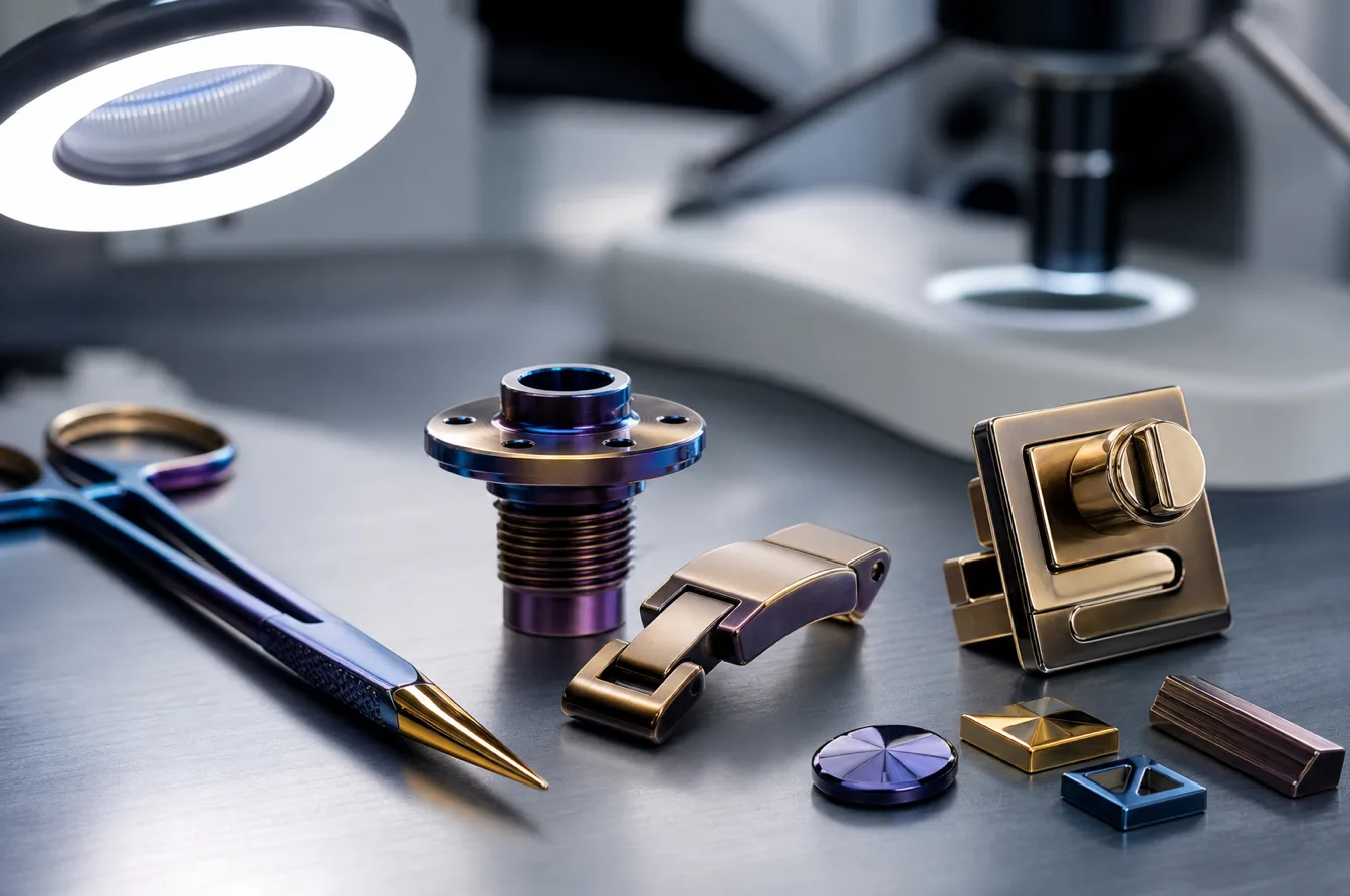 PVD coated medical aerospace and luxury hardware components under lab inspection