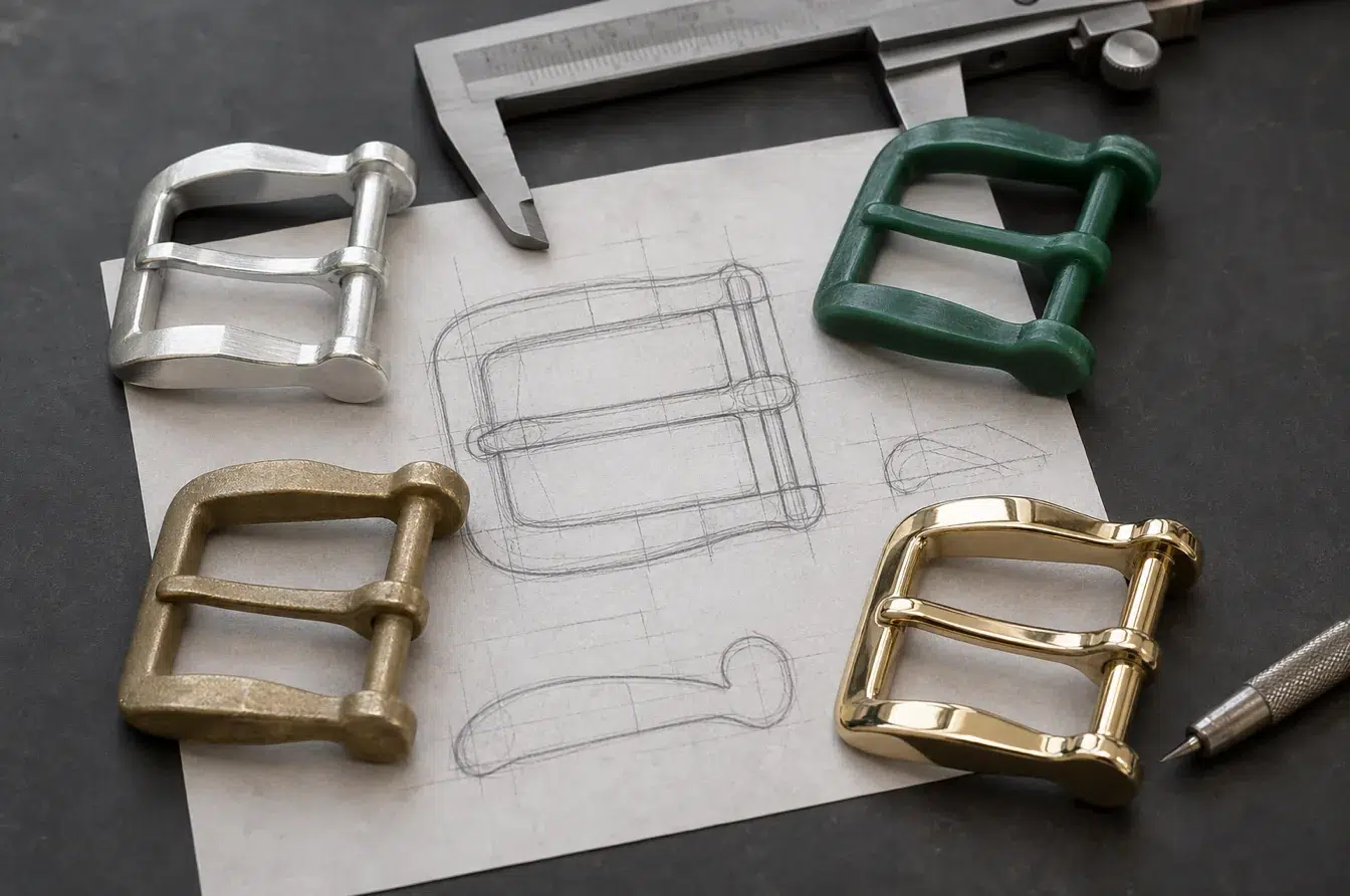 Machined cast wax and plated buckle samples show alternative hardware manufacturing routes