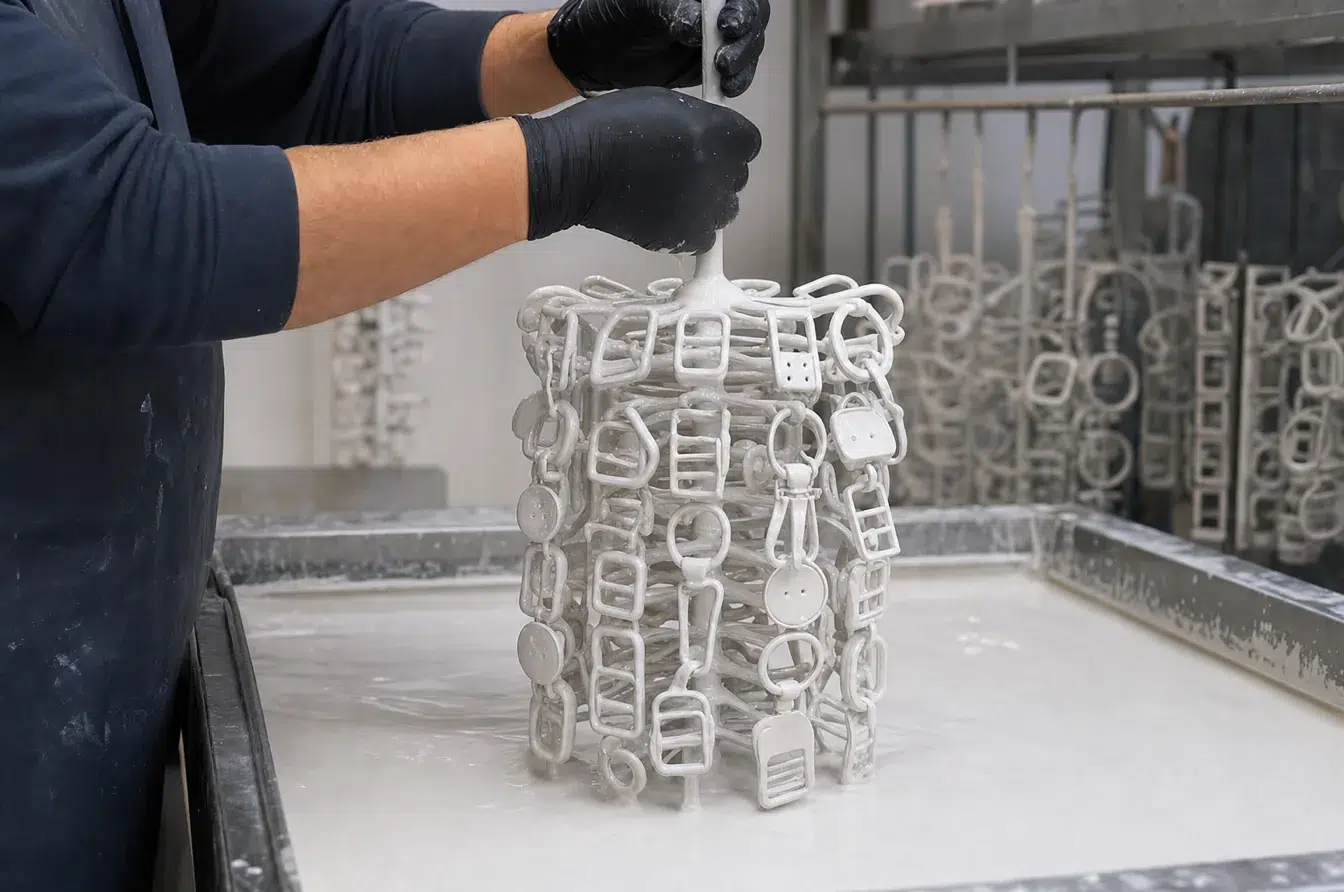 Technician coats a wax tree of apparel buckles in ceramic slurry