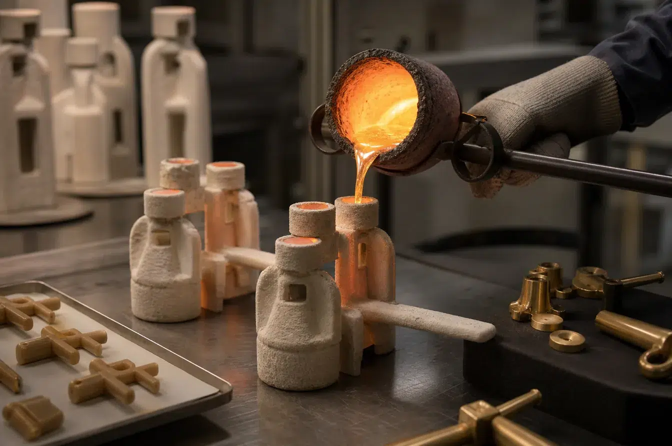 Molten brass fills ceramic shells for precision fashion hardware casting