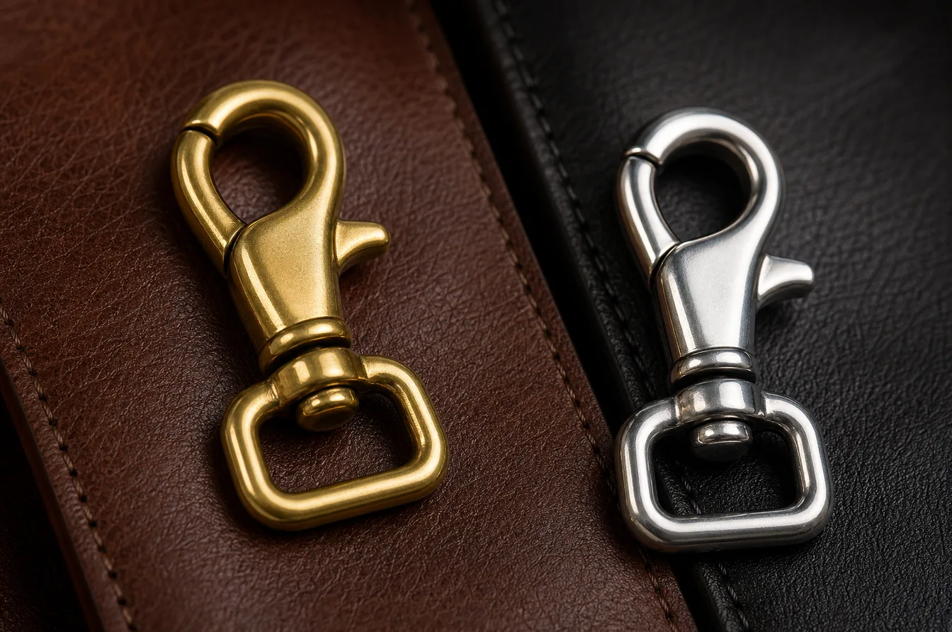 Brass and stainless steel snap hooks on premium leather