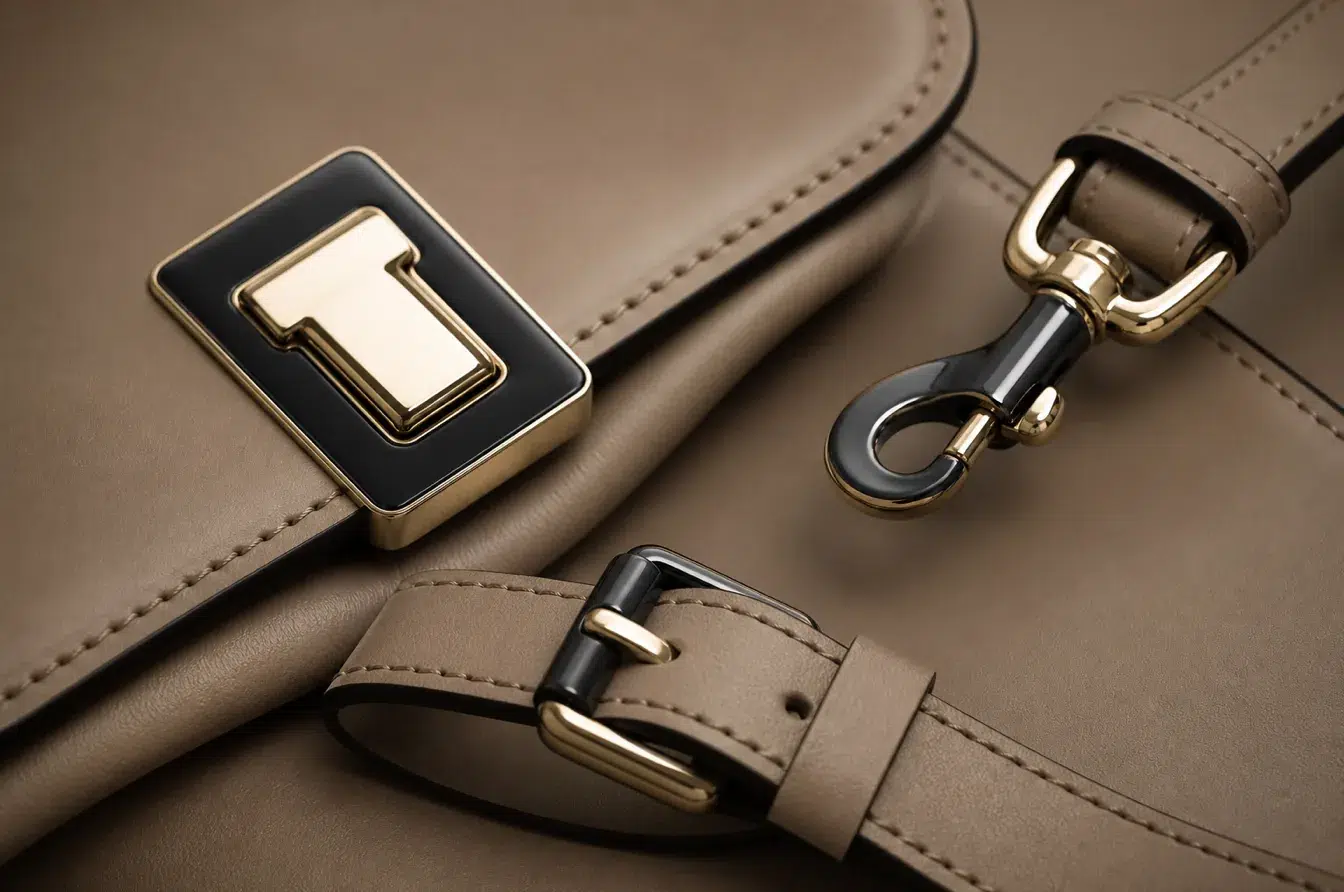 Black and champagne PVD hardware on luxury leather goods