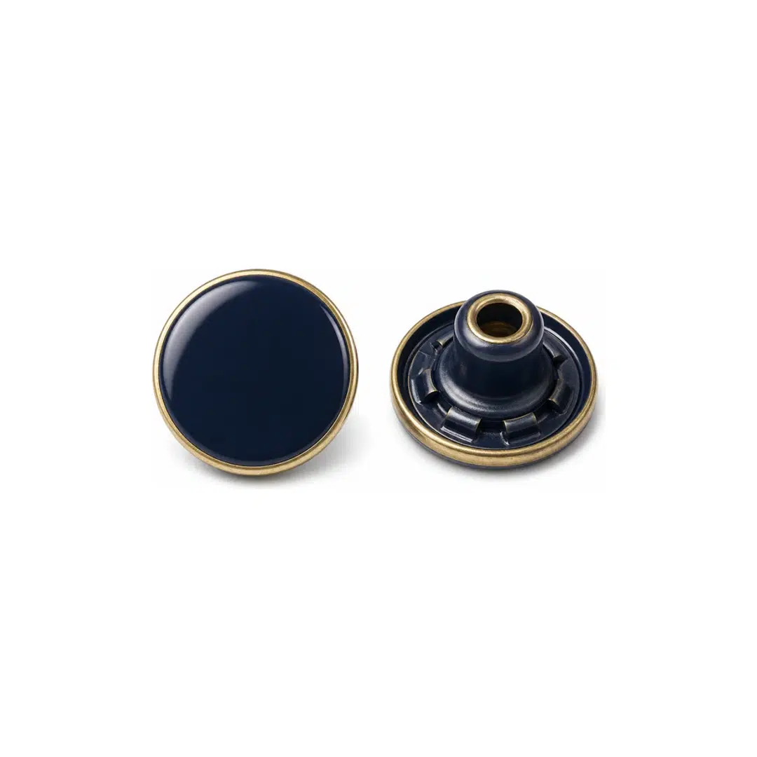 Navy enamel jeans button with a brass rim shown from the front and back